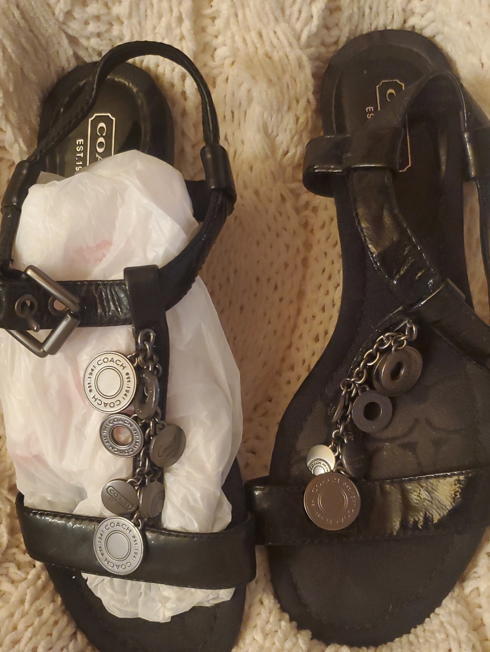 Coach Black Leather Charm T-Strap Sandals with 7 Coin Accents